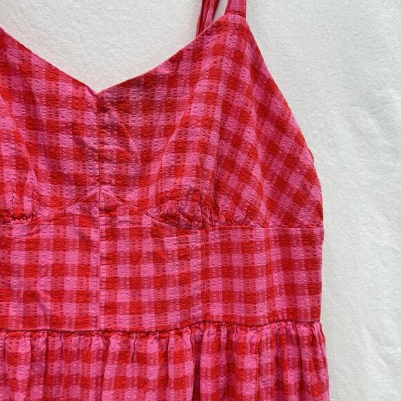 LANE BRYANT Gingham Sleeveless Flounce Hem Seersucker Midi Dress 18 Pink Pockets - Picture 6 of 15
